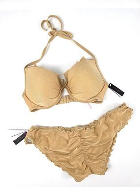 NWT Victoria's Secret Ruffle Cheeky Bottoms XL 36D Push Up Top Swim Suit Bikini